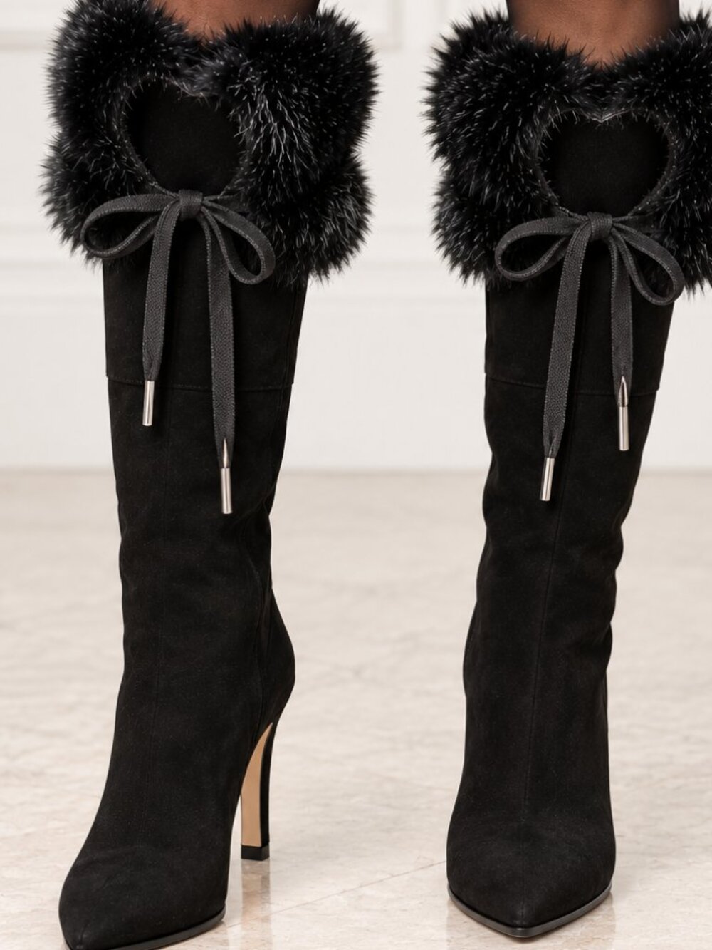 Gucci Black Suede Fur-Trimmed High-Heel Boots – Made in Italy
